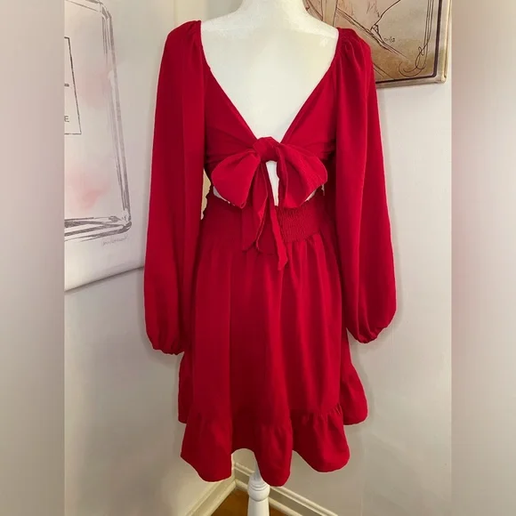 Long Sleeve Mini Dress Ties in Back Size M Red - Picture 6 of 15